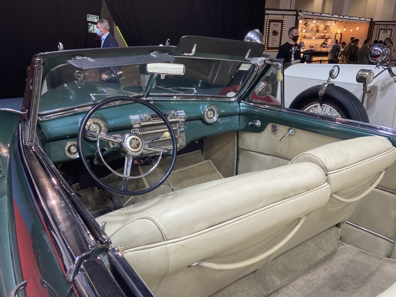 Vintage convertible interior with retro dashboard and classic steering wheel