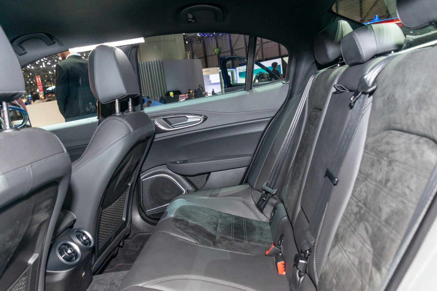 Rear leather seats and interior detailing with headrests and door panel