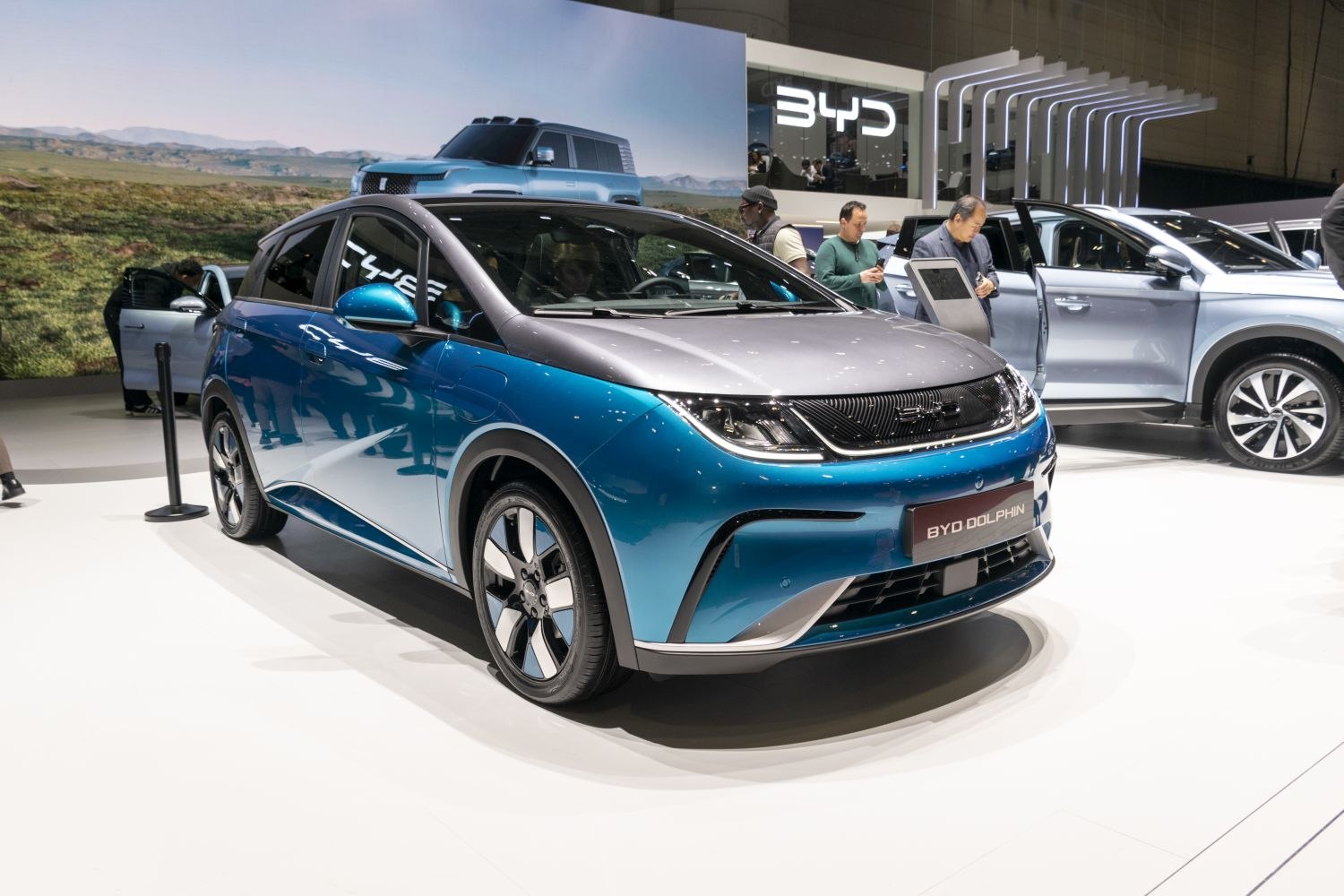 Two-tone compact electric hatchback with aerodynamic wheels and LED headlights