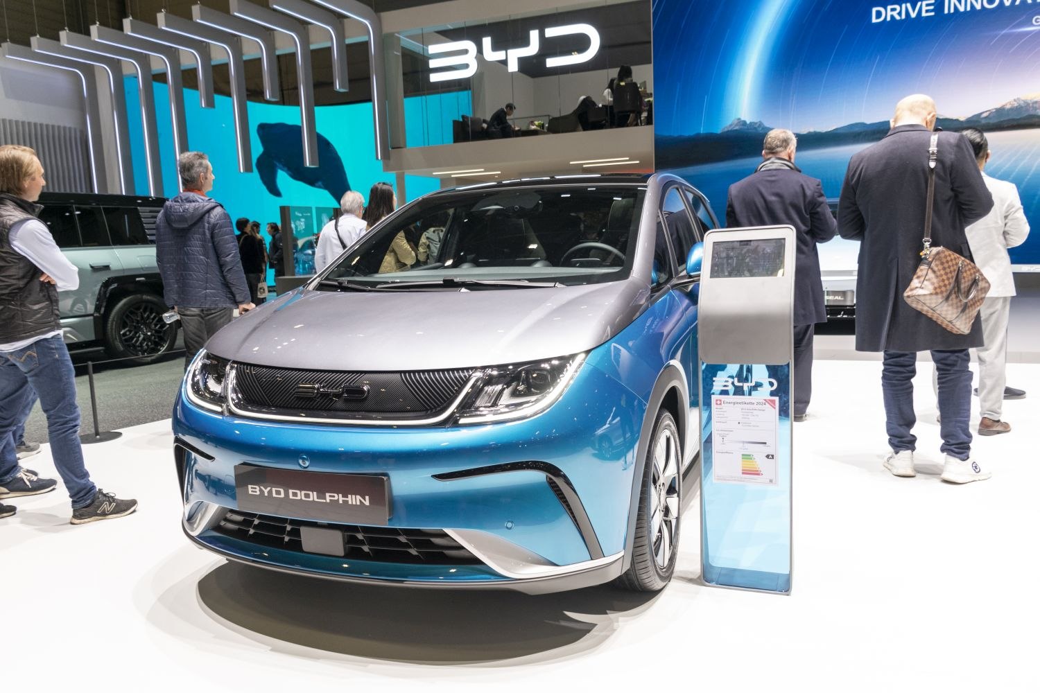 Front view of a compact electric hatchback with aerodynamic shape and LED headlights