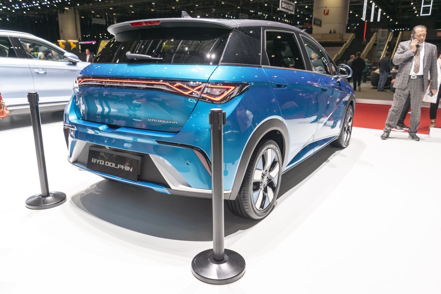 Rear design and LED tail lights of a blue compact hatchback