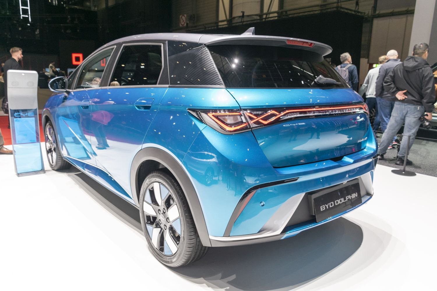Rear view of electric hatchback with LED tail lights and aerodynamic design