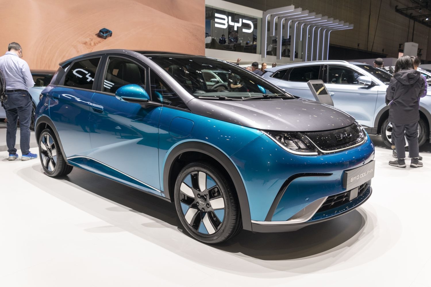 Electric hatchback with dual-tone blue and grey finish front-side view