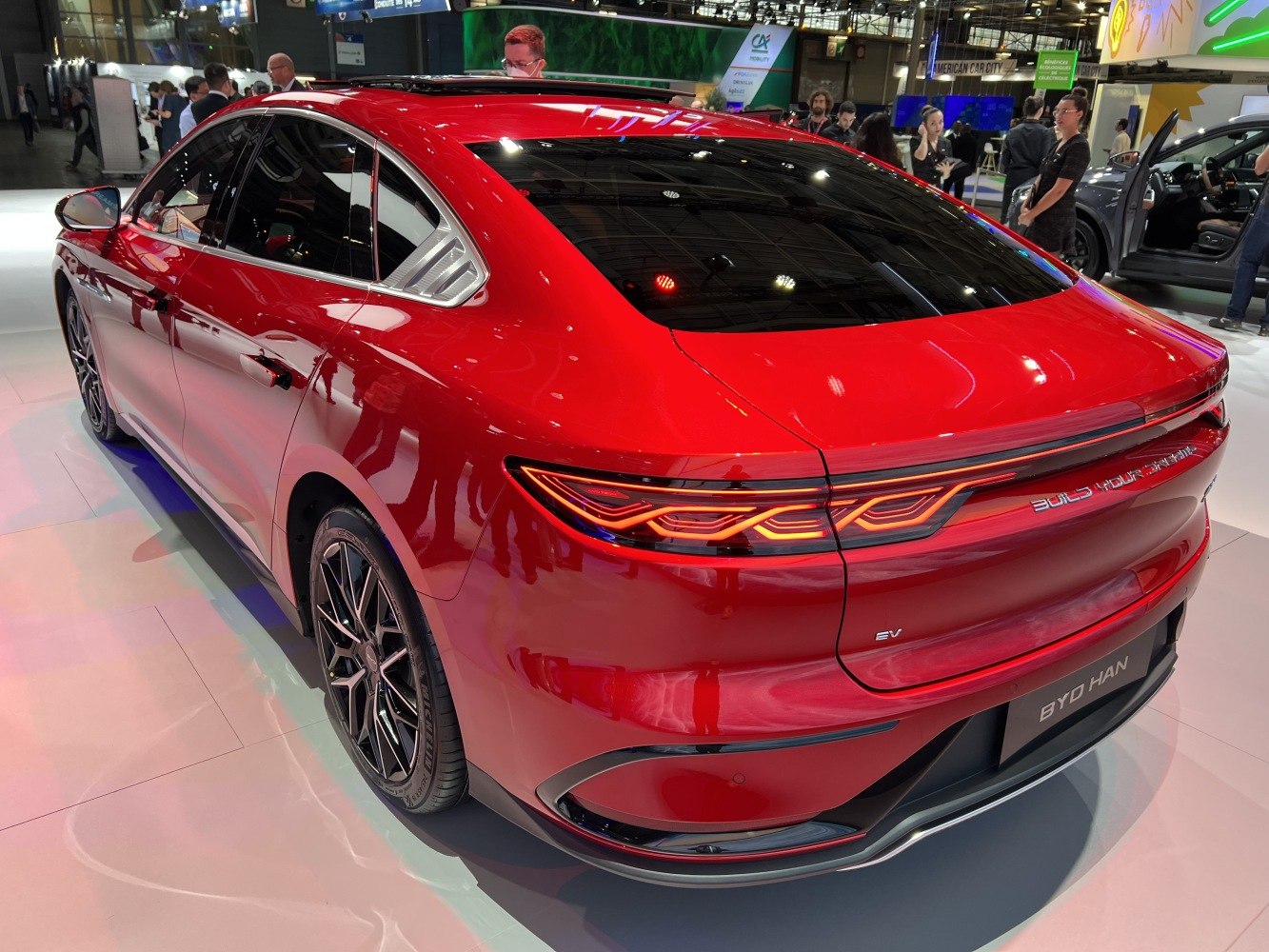 Sleek rear design with unique LED tail lights and tinted rear windows.