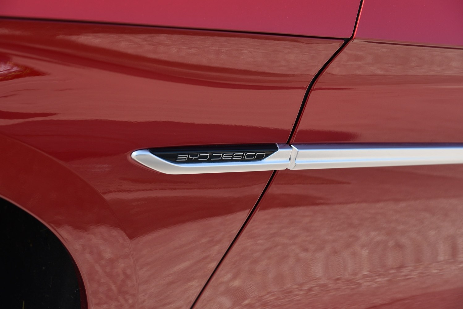 Close-up of side chrome trim and BYD Design badge.