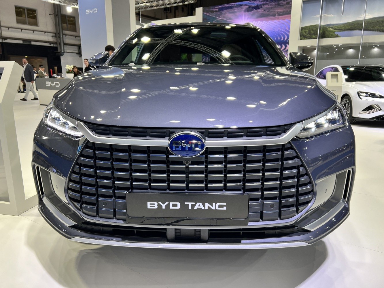 Close-up front view of large grille and headlights
