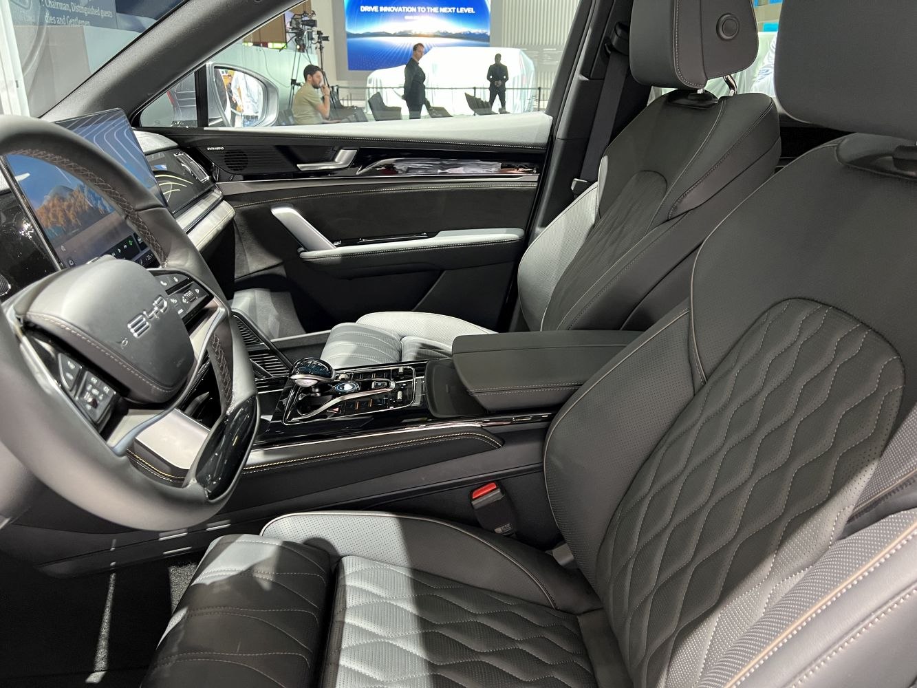 Luxury leather seats and advanced center console in car interior
