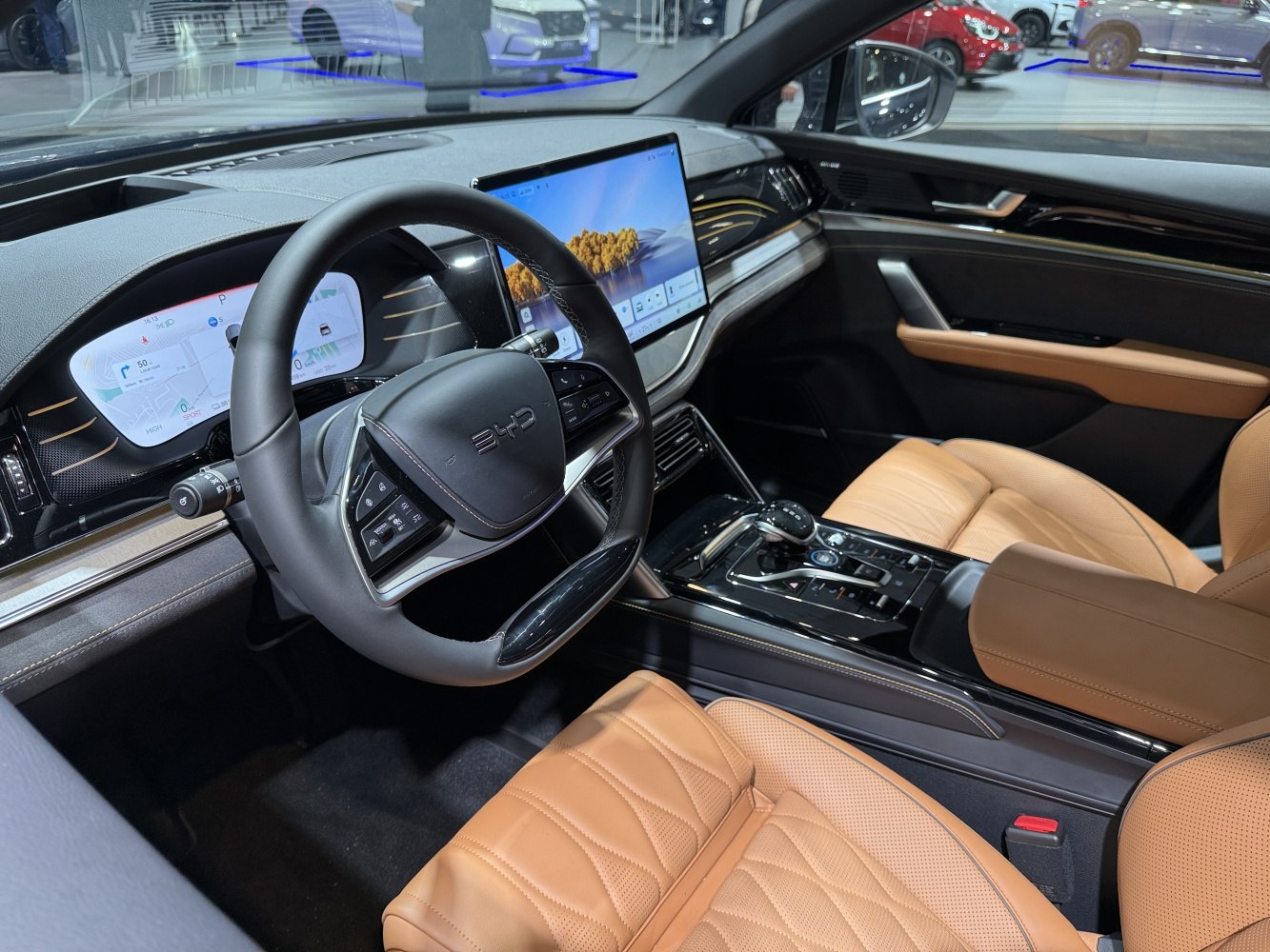 Digital dashboard and touchscreen with tan leather seats