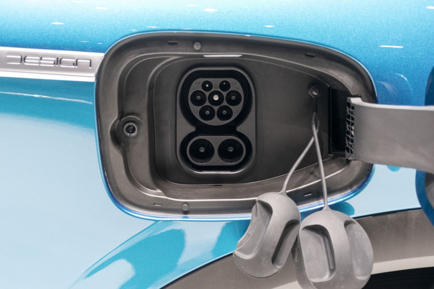 Close-up of EV charging port with Type 2 connector
