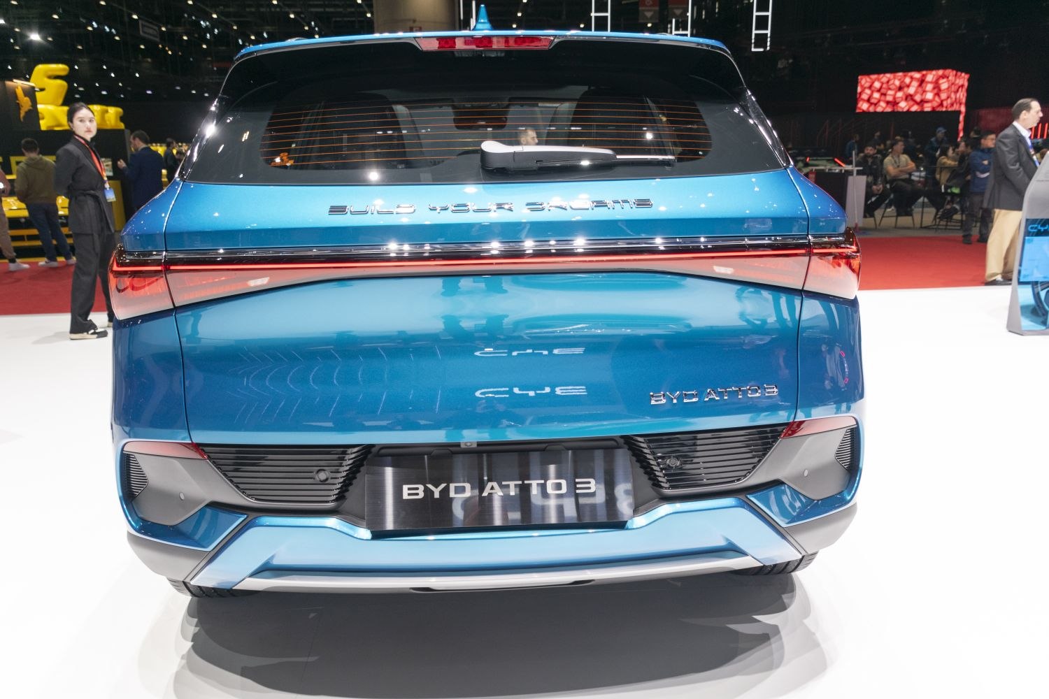 Rear view of a vehicle with LED light bar and aerodynamic bumper design