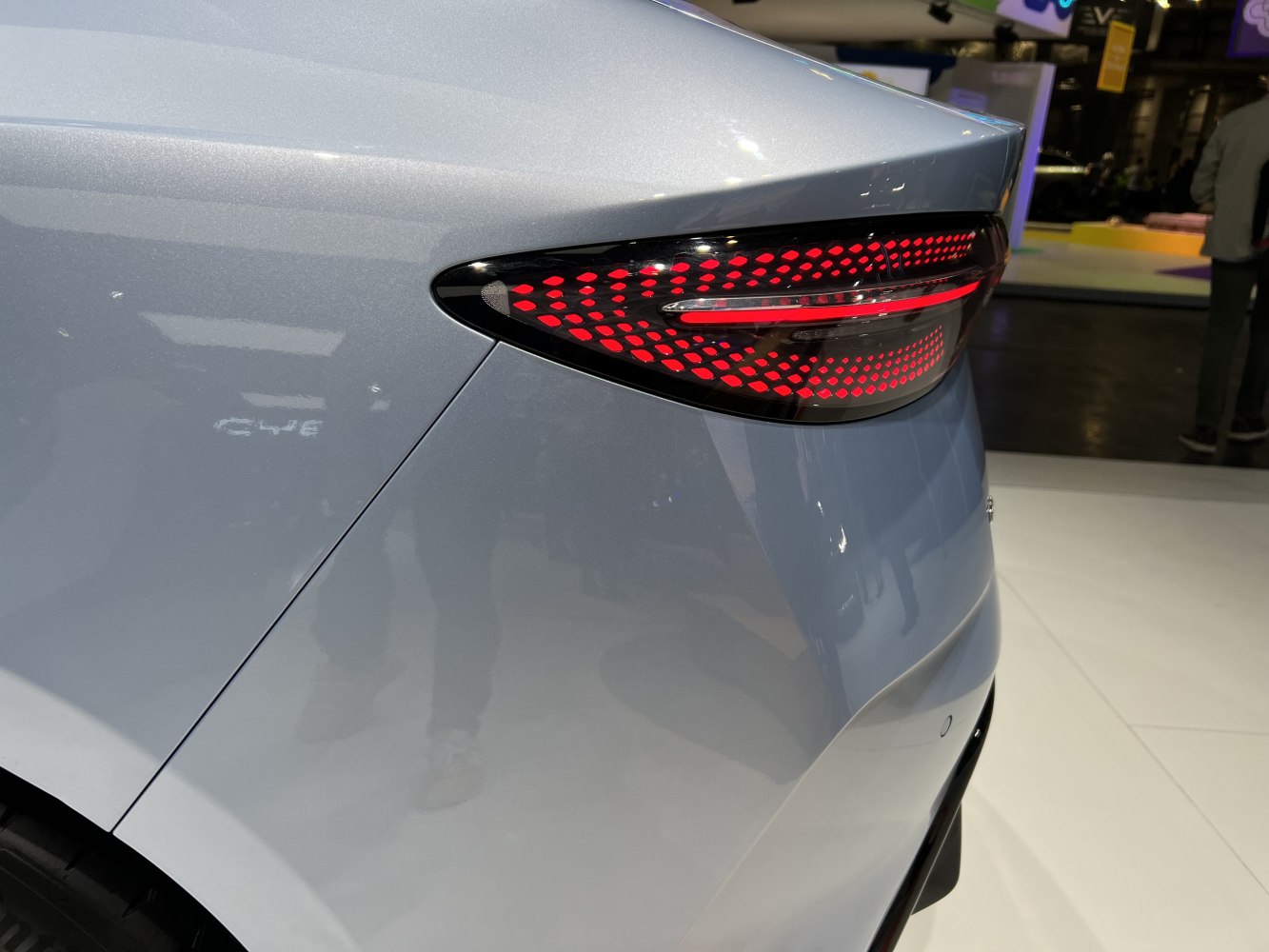 Close-up of a rear LED taillight with a unique dotted pattern