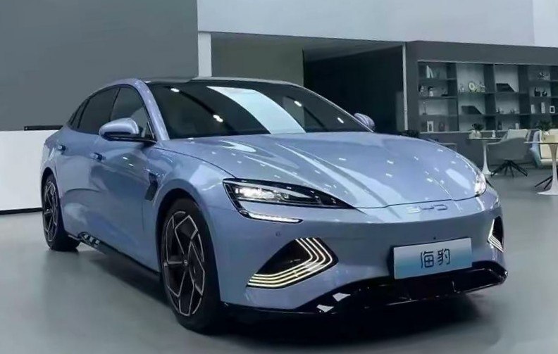 Front fascia and LED daytime running lights of a modern electric sedan