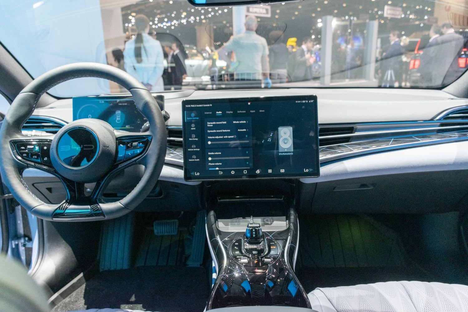Digital dashboard and large touchscreen infotainment system in sleek car interior