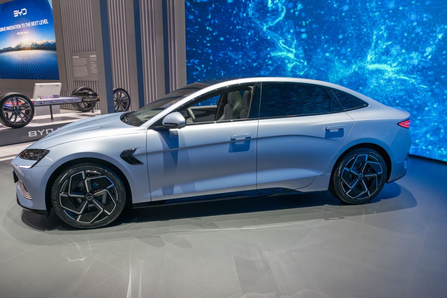 Sleek aerodynamic electric sedan with modern alloy wheels