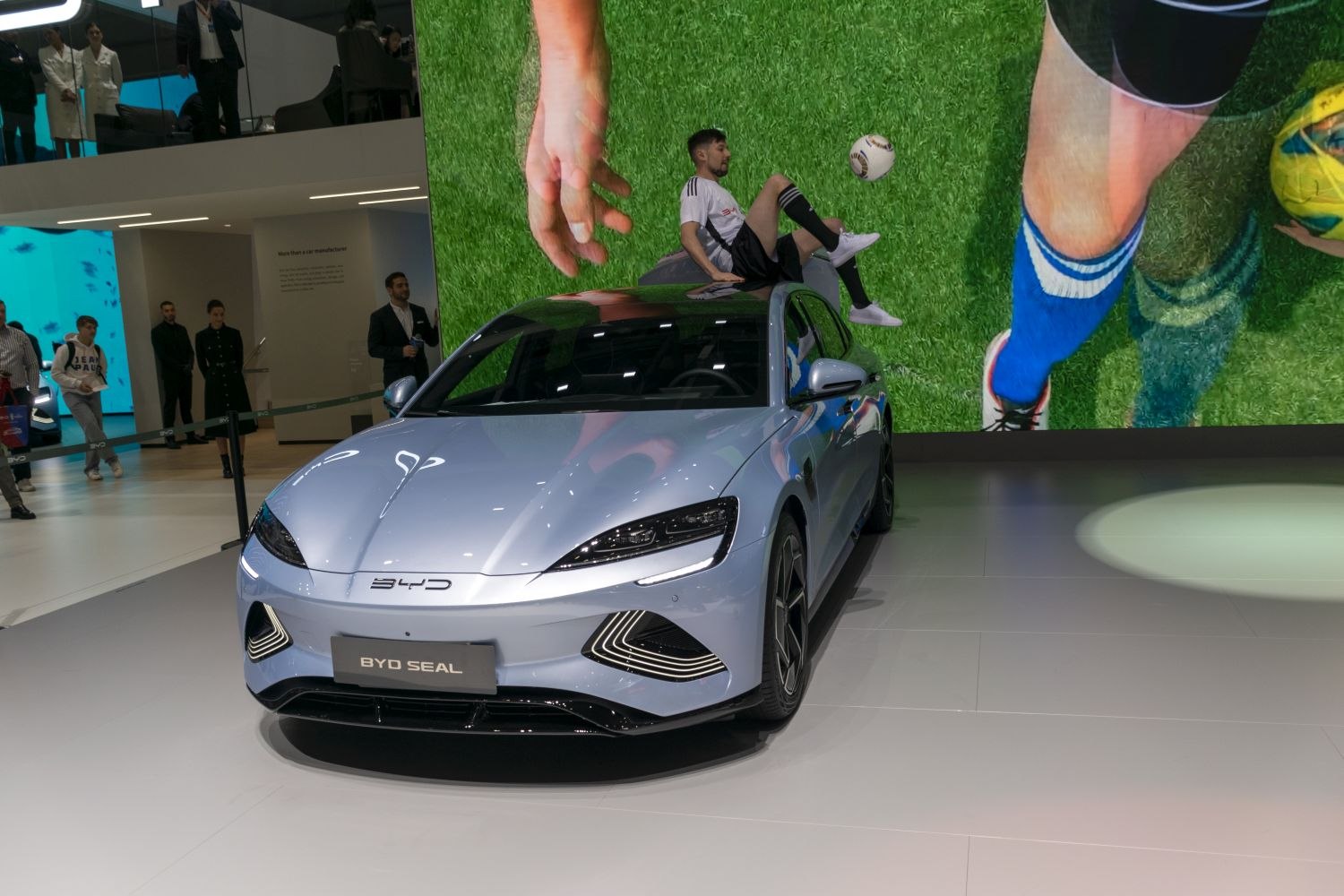 Sleek front view with sharp headlights and aerodynamic design.