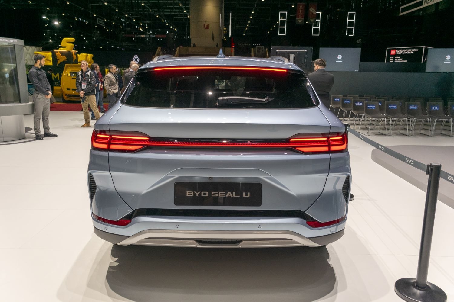Rear view with continuous LED tail lights and aerodynamic bumper design
