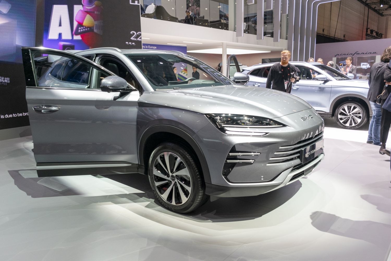 Sleek electric SUV with LED headlights and aerodynamic front design