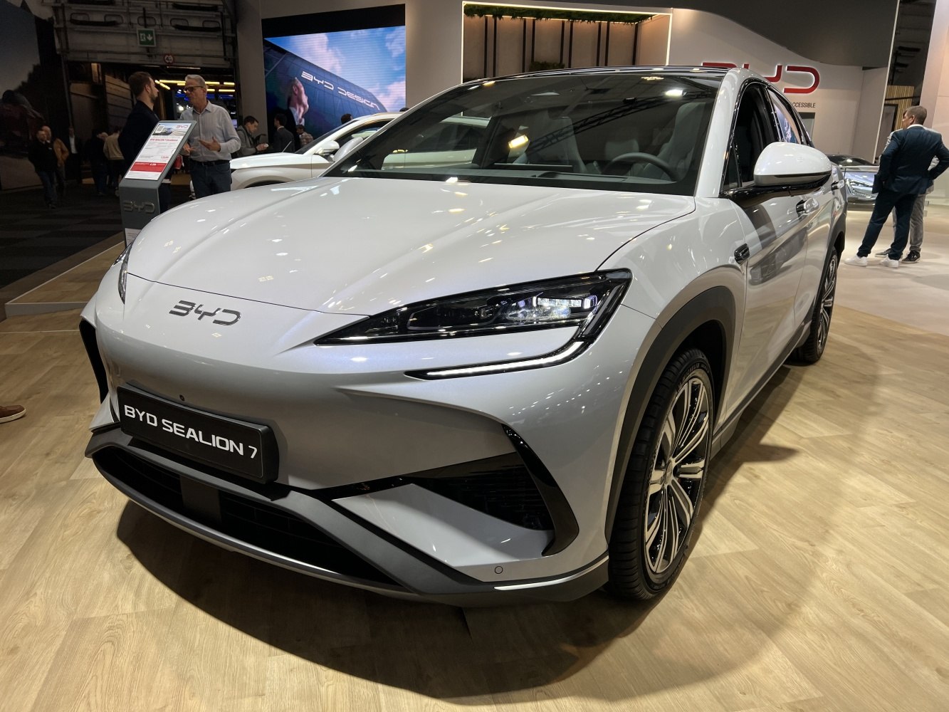 Front view of a vehicle with sleek LED headlights and aerodynamic design