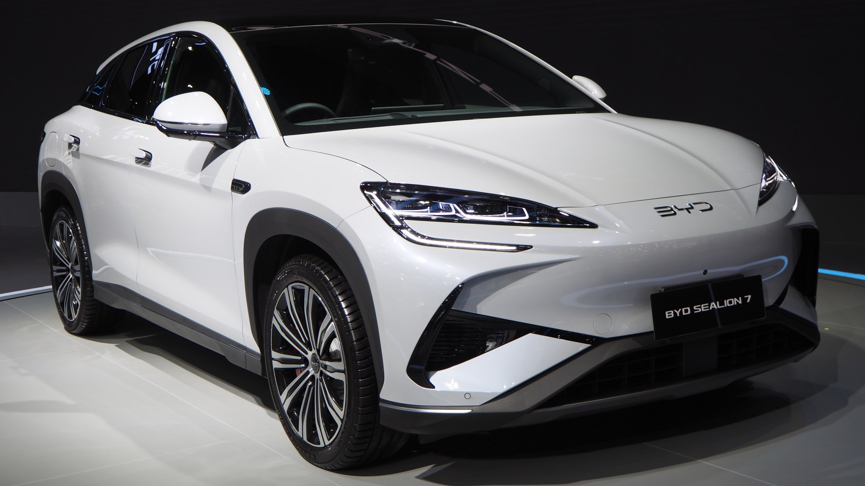 Sleek front angle with LED headlamps and aerodynamic design