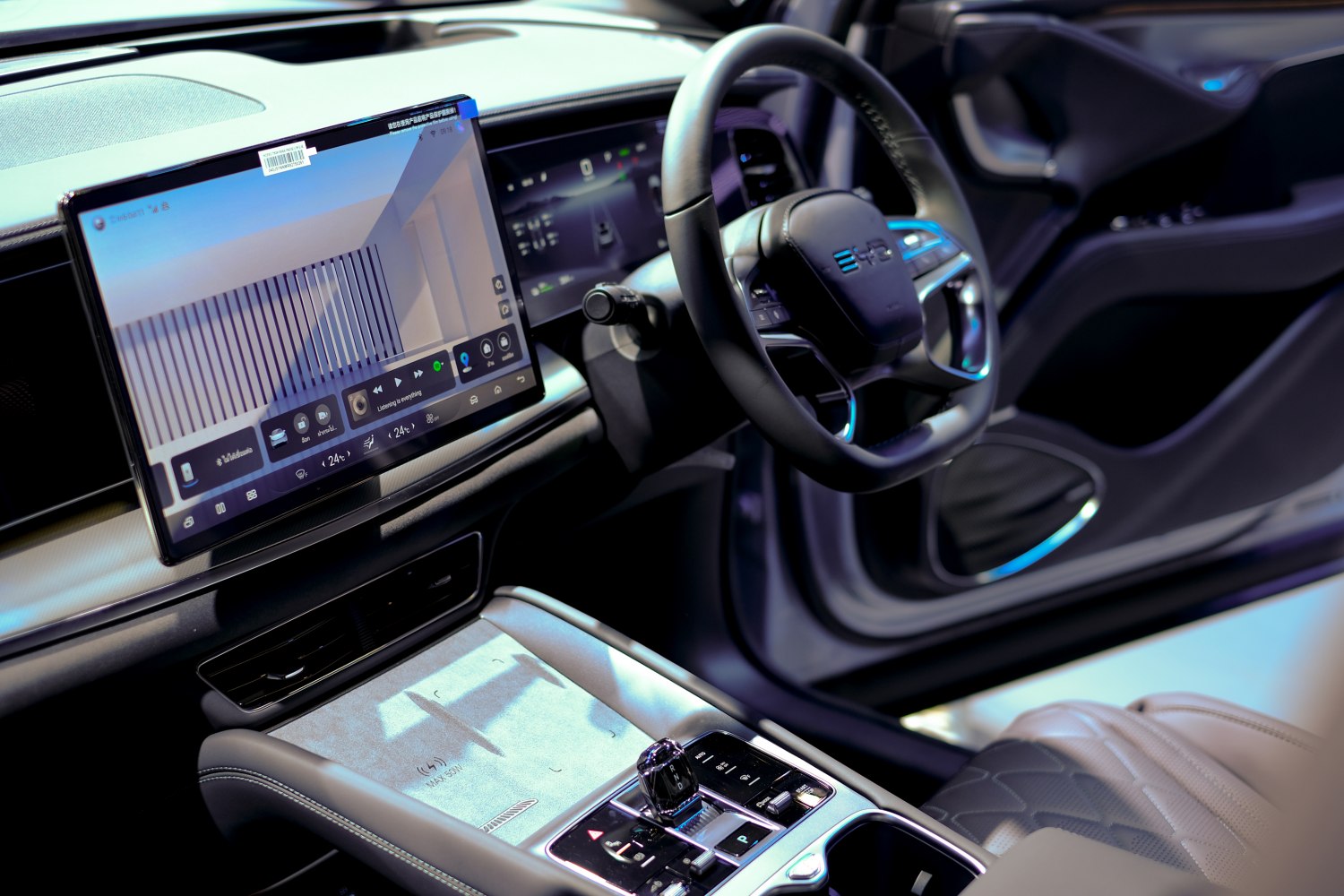Large touchscreen display and multifunction steering wheel
