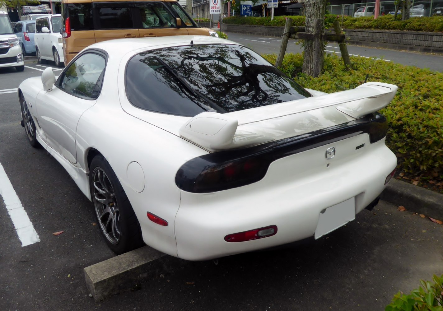 Rear view with large spoiler and tinted taillights