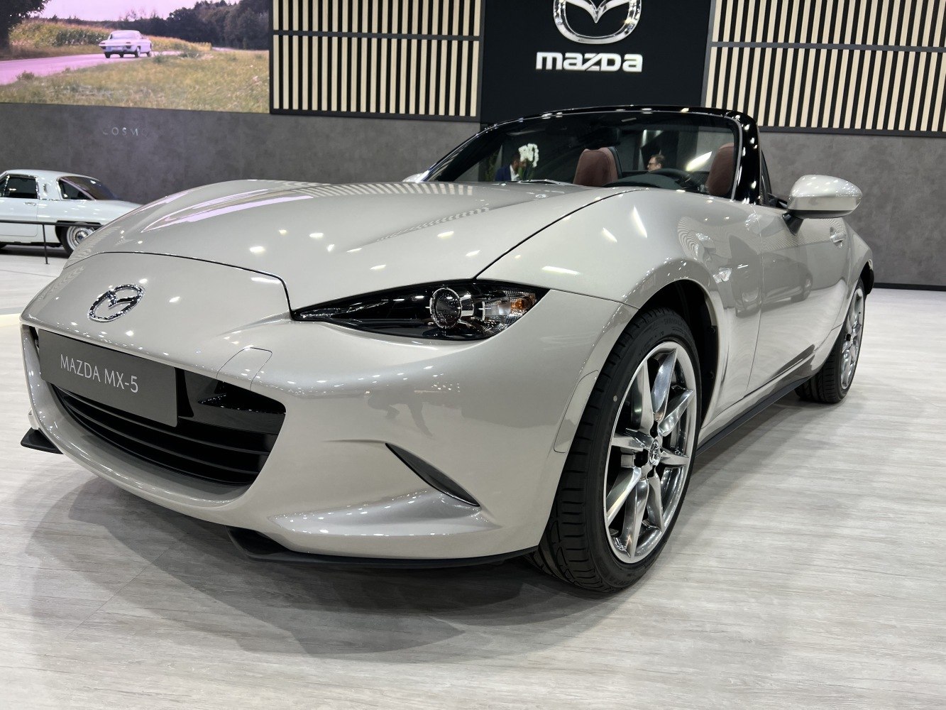 Front view of a sleek convertible with sharp headlights and alloy wheels.