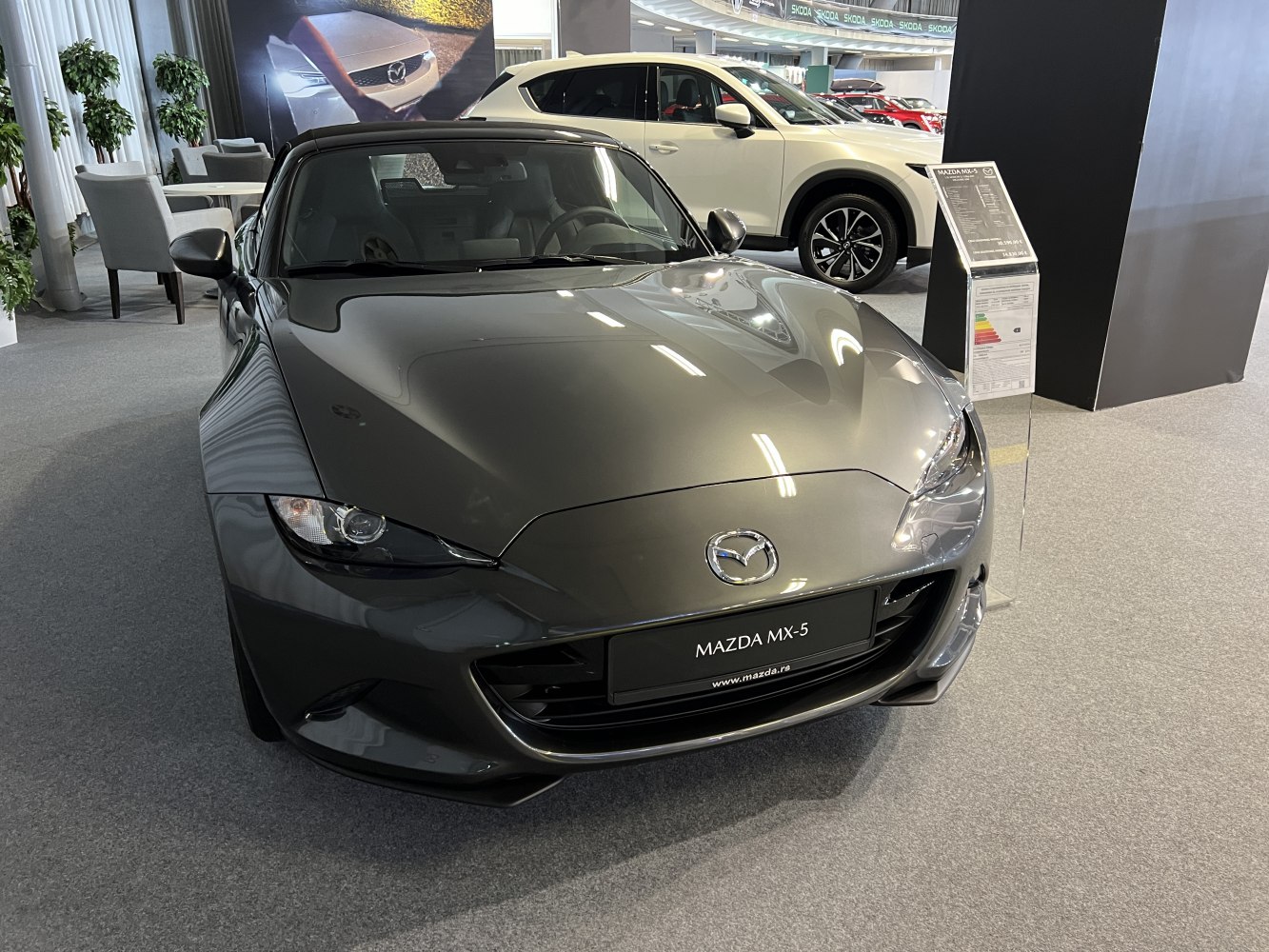 Front view of sporty convertible with sleek headlights and aerodynamic design.