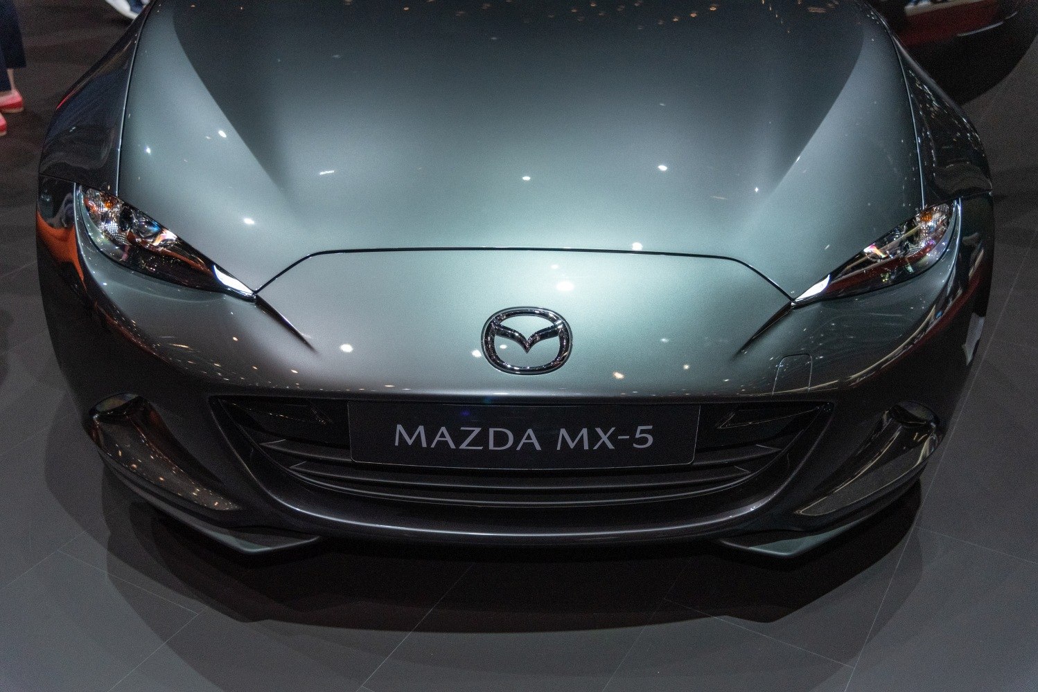 Close-up of sporty headlights and front grille.