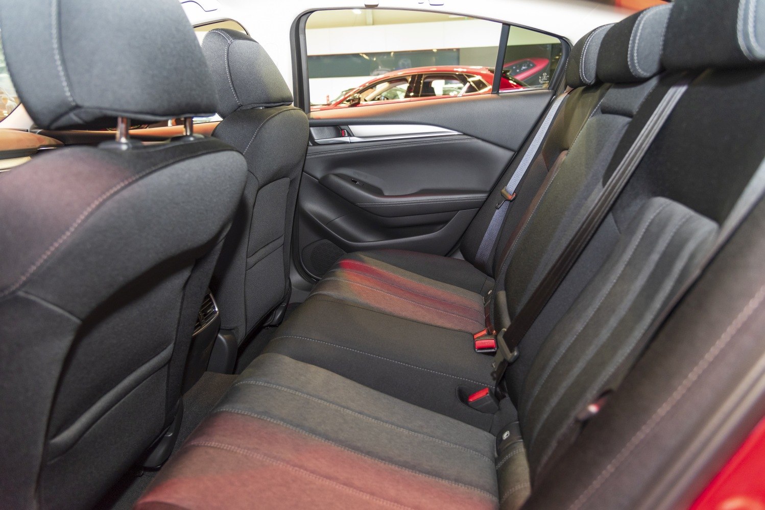 Rear seating area with door panel and upholstery