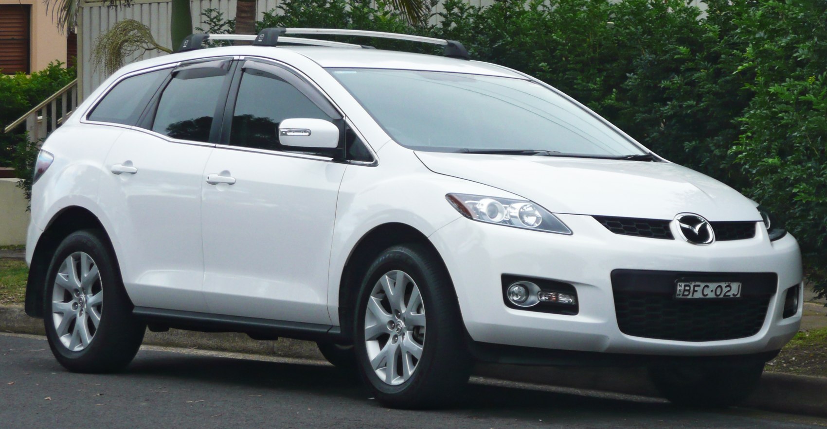 Front side view showing roof rails, fog lights, and alloy wheels.