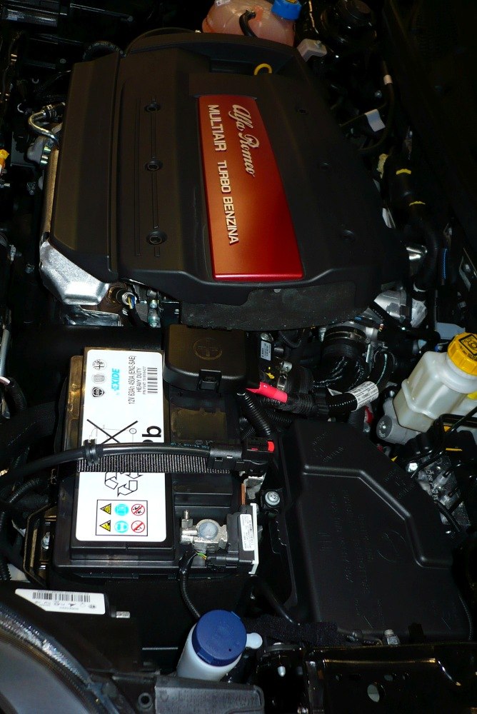 Close-up of turbocharged Multiair engine with battery and fluid reservoirs