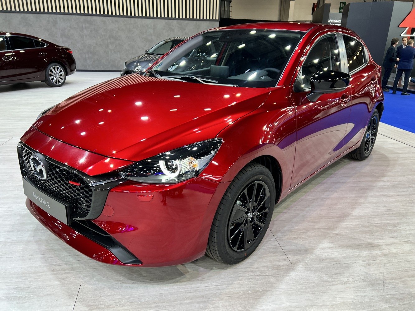 Front view of hatchback with LED headlights and black alloy wheels