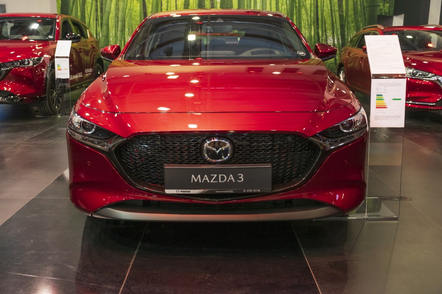 Front view with mesh grille and sharp LED headlights