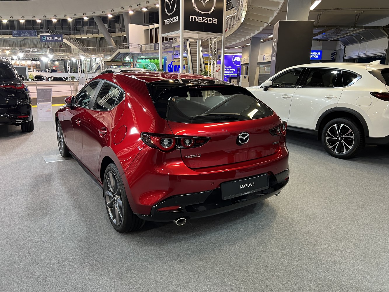 Rear view of a sporty hatchback with distinctive tail lights and rear hatch.