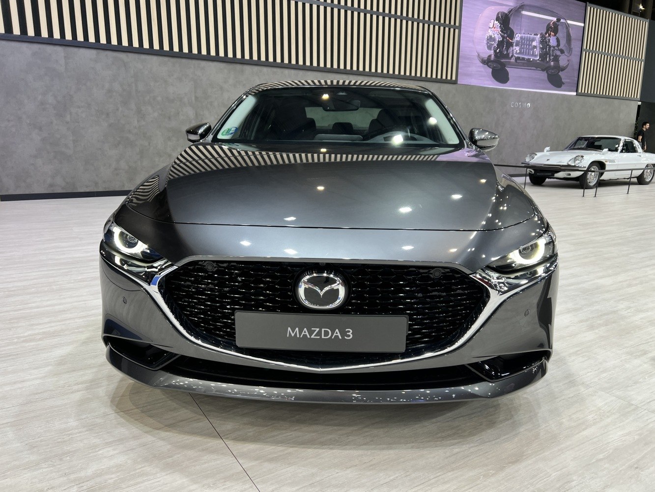 Front grille and LED headlights of a modern sedan.