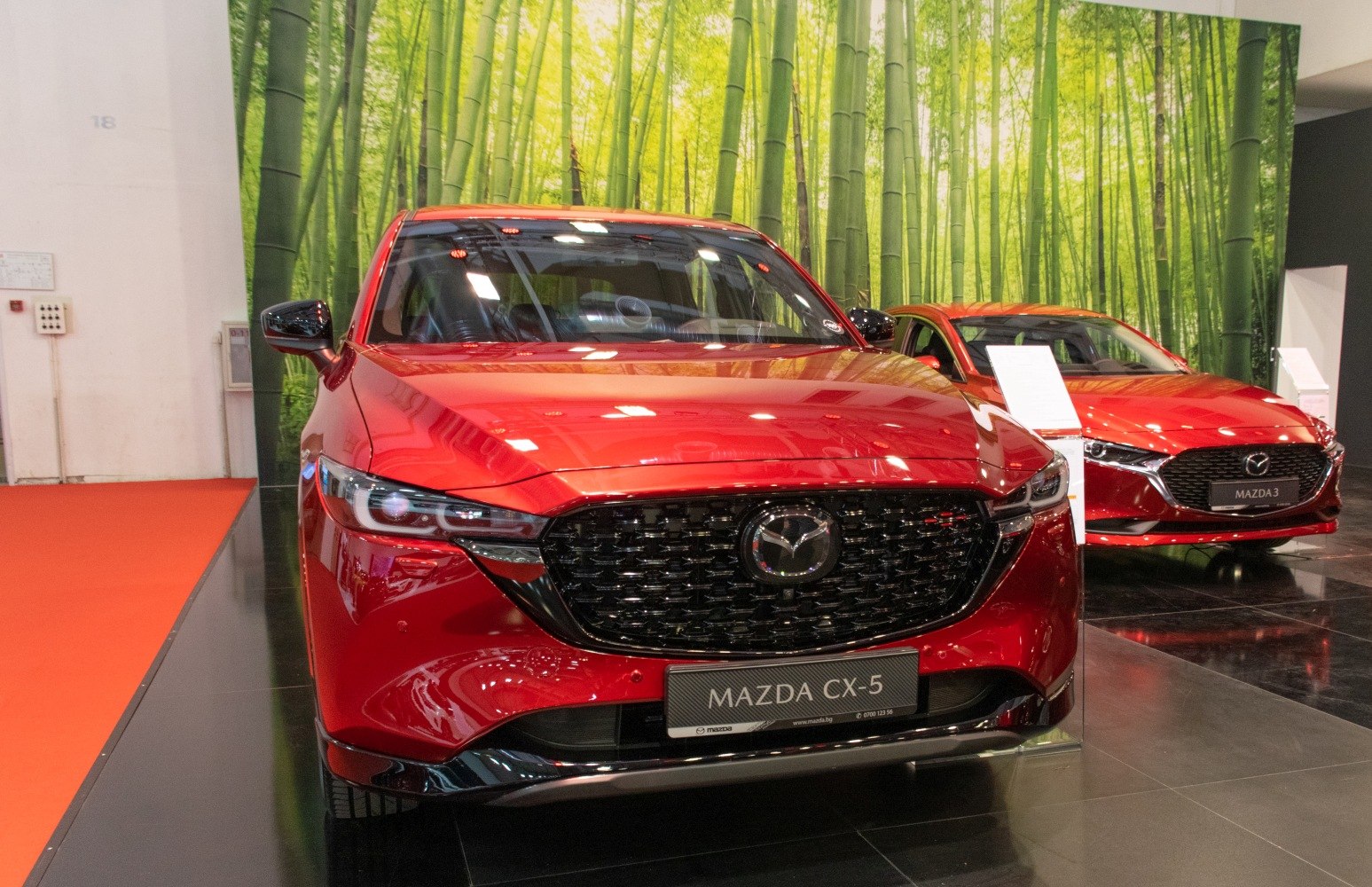 Front grille and LED headlights of a red modern SUV