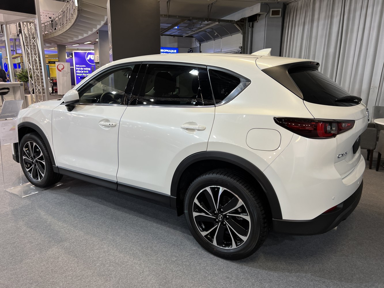 Rear side view of white SUV with alloy wheels and sleek taillights