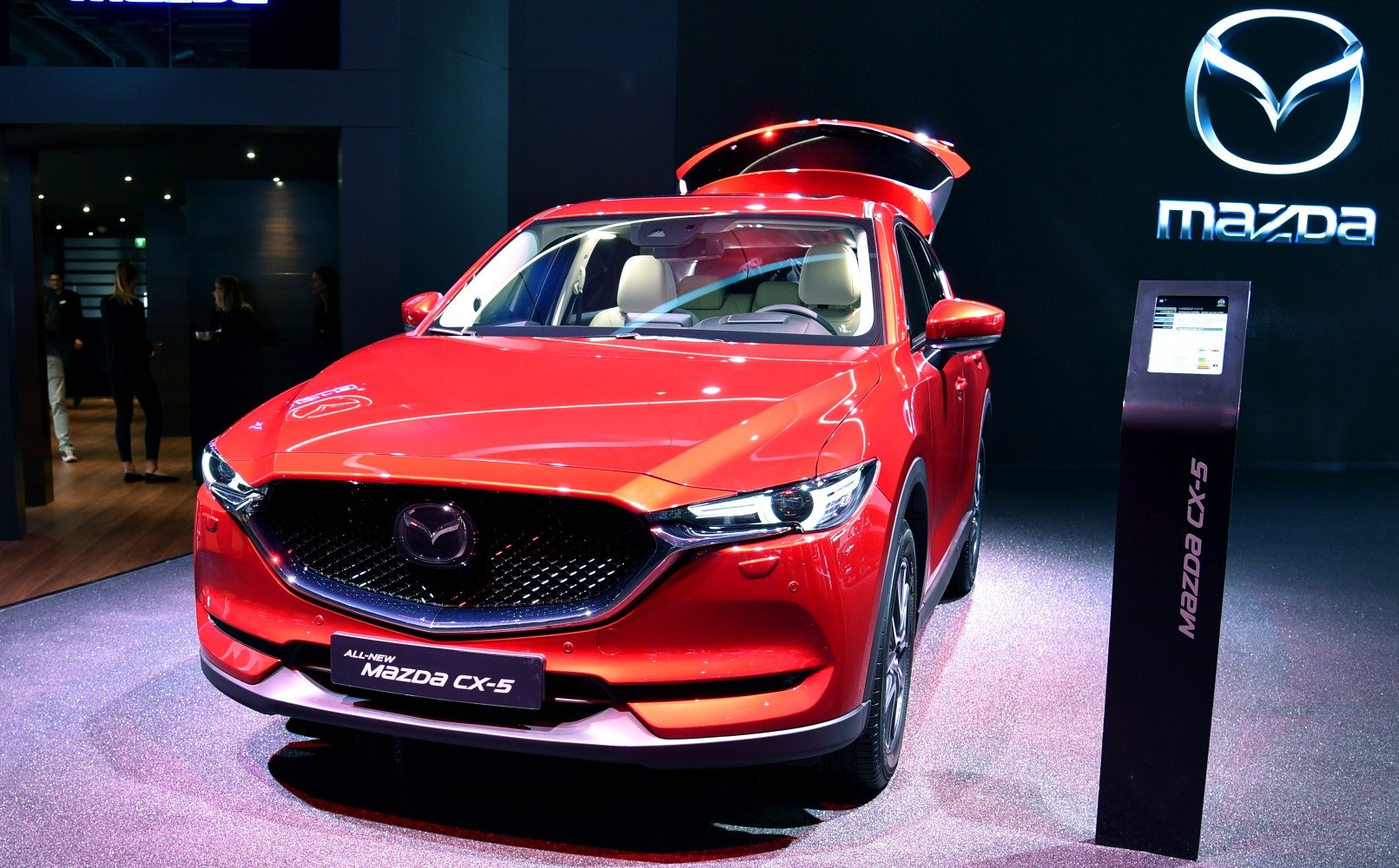 Front view of SUV with distinctive grille and open rear hatch