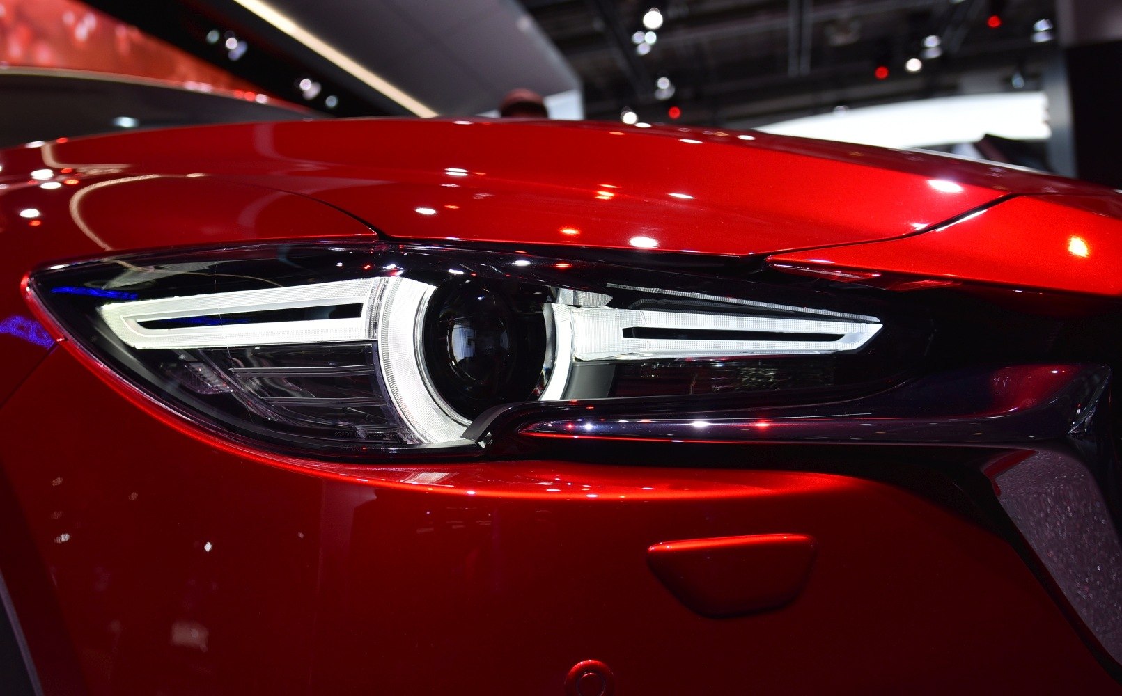Close-up of sleek LED headlight with modern lighting design