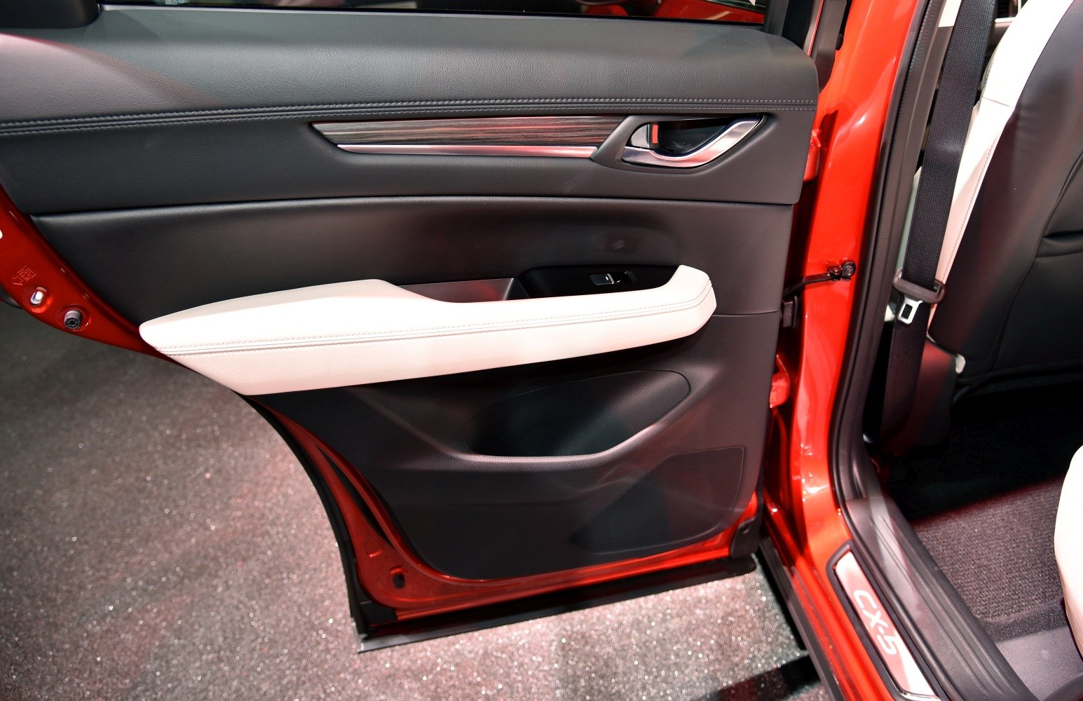 Rear door interior panel with black, white trim and wood accent