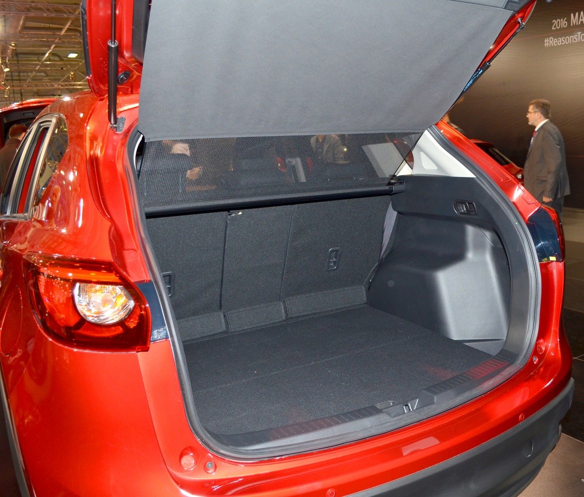 Open rear cargo space with hatch and cover in red SUV