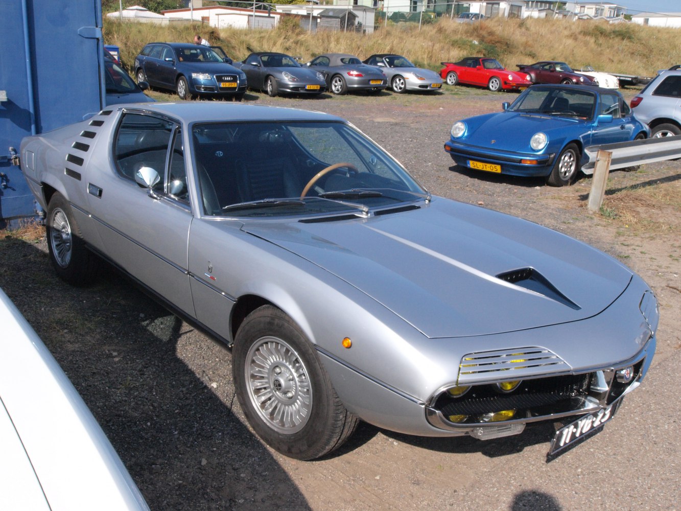 Silver sports coupe with louvered hood vents and distinct side air vents.