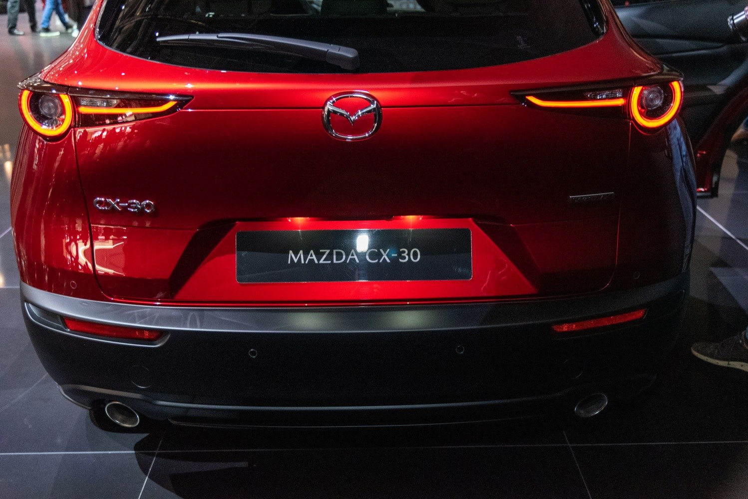 Close-up of rear with circular LED taillights and dual exhaust