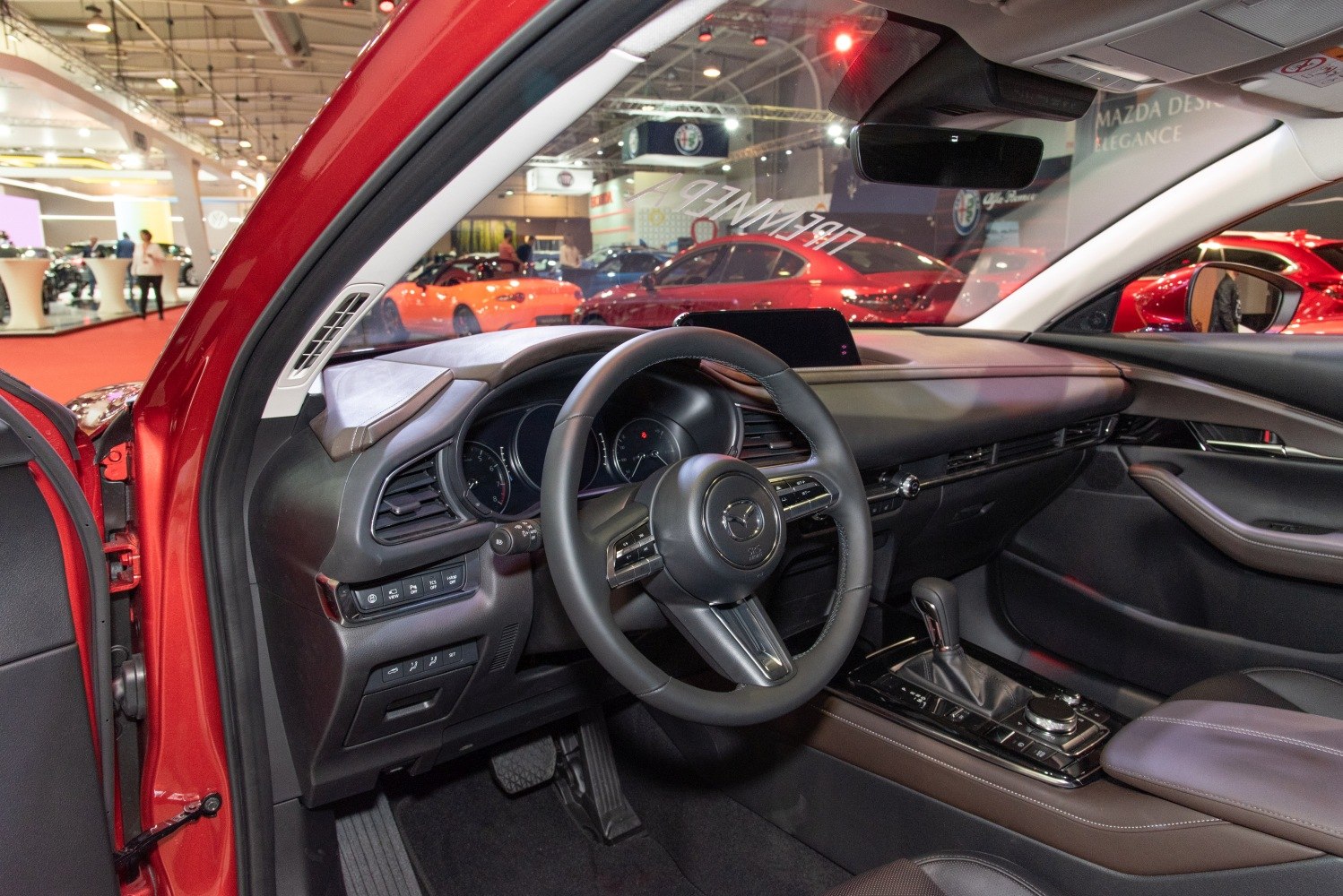 Dashboard and steering wheel view of a modern car interior