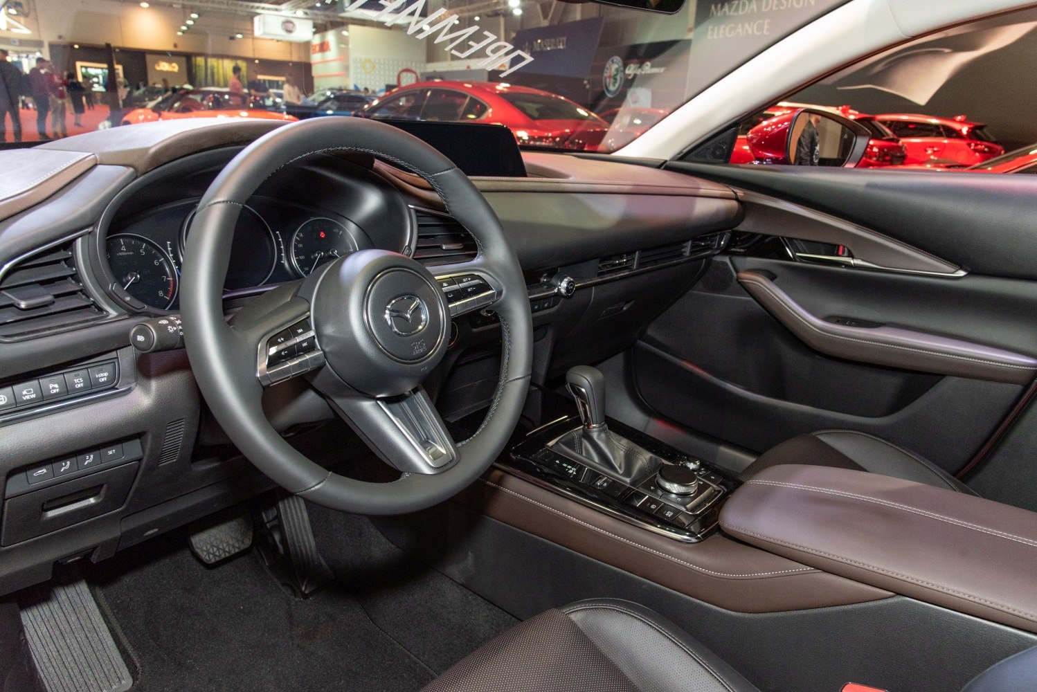 Steering wheel, analog gauges, center console with gear shifter