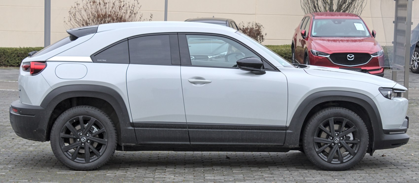 Side view of electric SUV with black alloy wheels and sleek roofline.