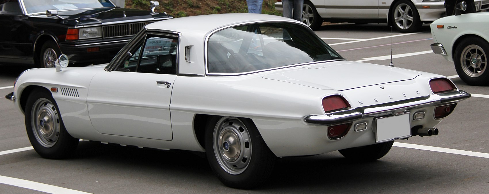 Rear and side profile of a vintage coupe with distinctive tail lights and curved rear window