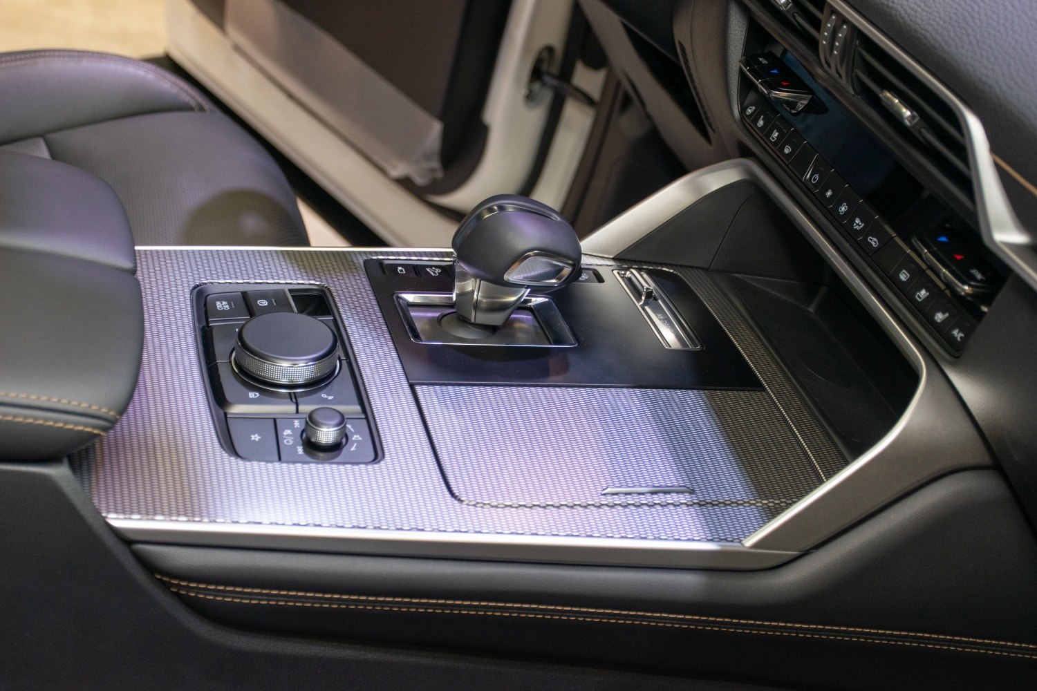 Interior center console with gear shift and control knobs