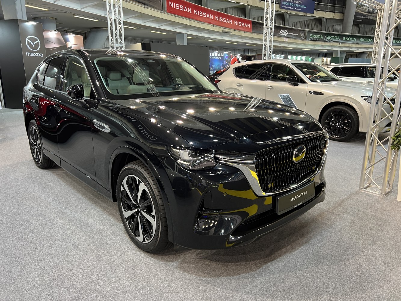 Front grille and alloy wheels of a black SUV