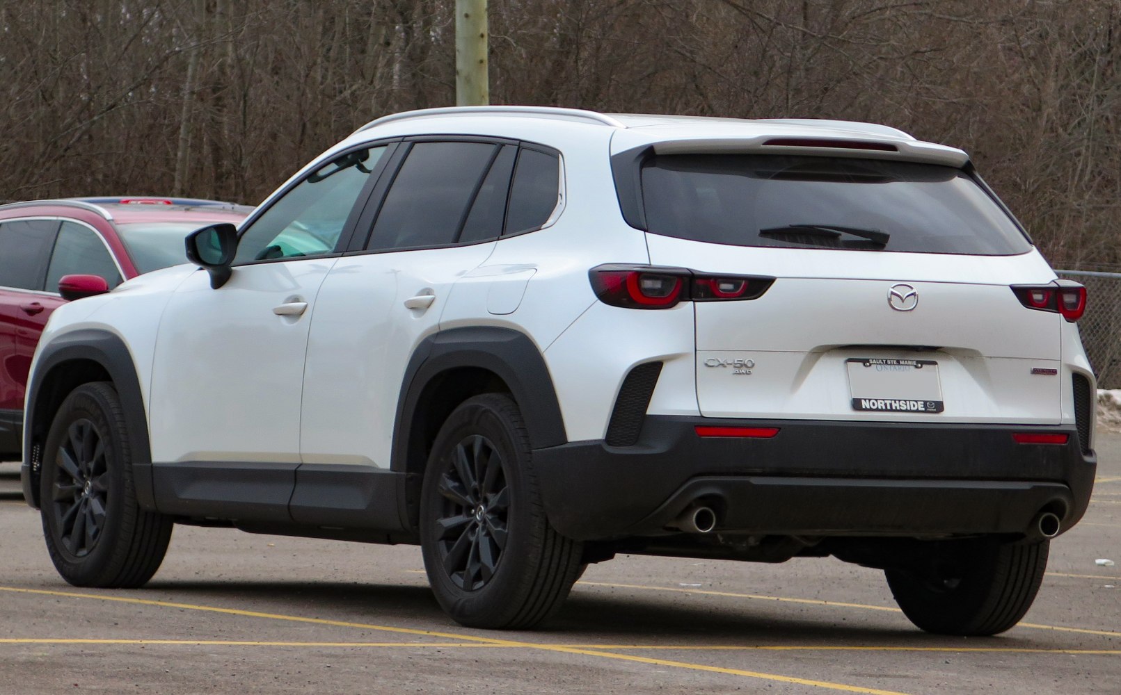 Rear view of white SUV with black alloy wheels and tinted windows